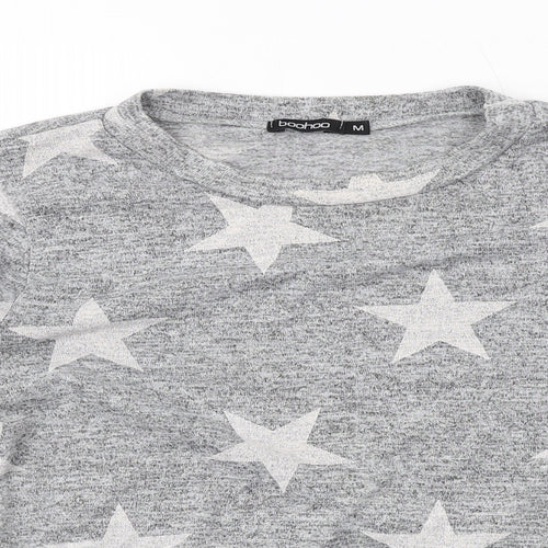 Boohoo Womens Grey Geometric Polyester Basic T-Shirt Size M Round Neck - Stars