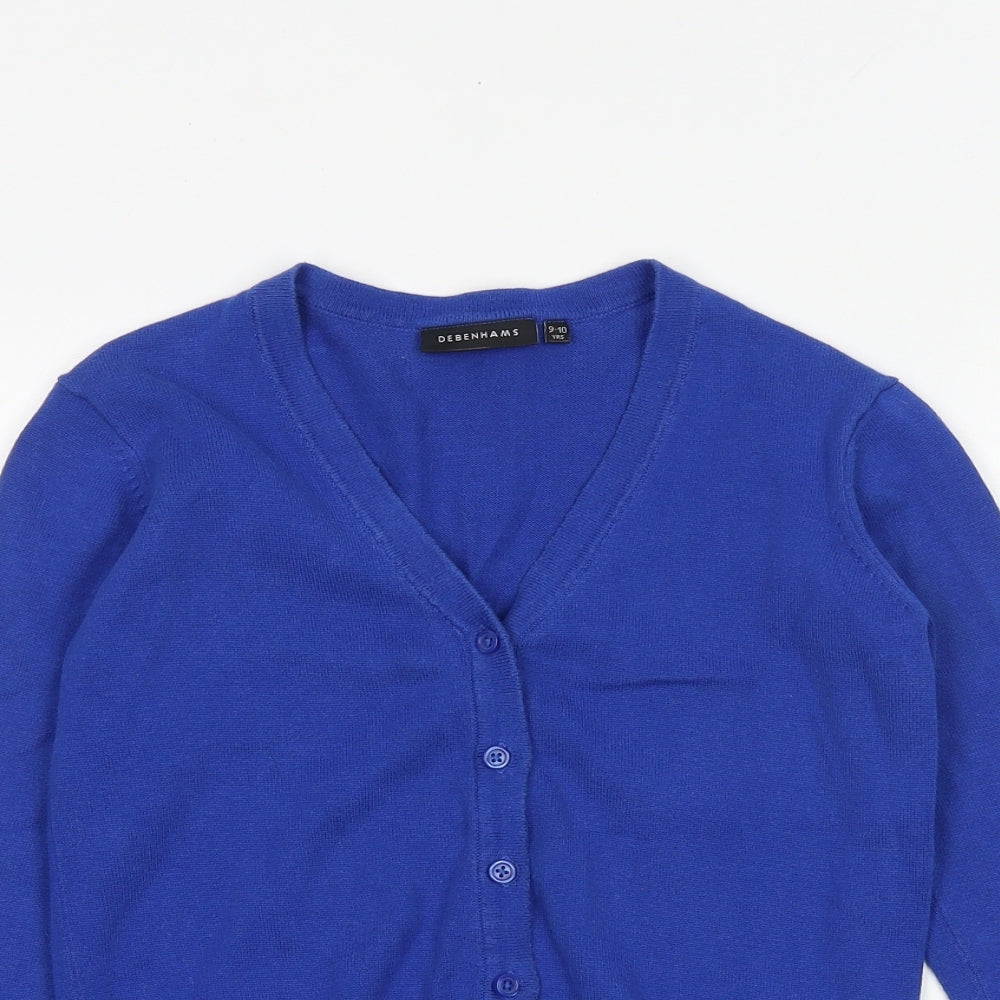 Debenhams Girls Blue V-Neck 100% Cotton Cardigan Jumper Size 9-10 Years Button