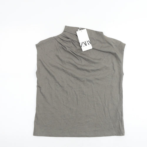 Zara Womens Grey 100% Cotton Basic T-Shirt Size S Mock Neck