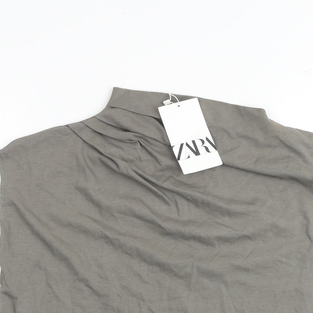 Zara Womens Grey 100% Cotton Basic T-Shirt Size S Mock Neck