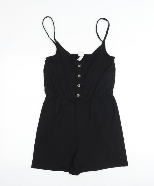 H&M Womens Black Polyester Playsuit One-Piece Size S Button