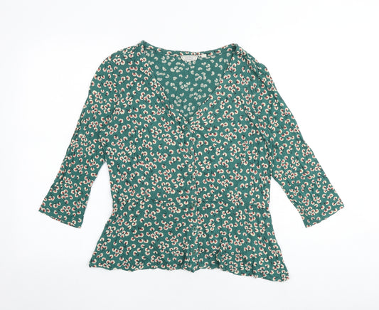 Fat Face Womens Green Floral Viscose Basic Button-Up Size 12 V-Neck