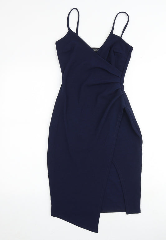PRETTYLITTLETHING Womens Blue Polyester Slip Dress Size 10 V-Neck Pullover