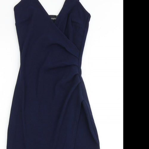 PRETTYLITTLETHING Womens Blue Polyester Slip Dress Size 10 V-Neck Pullover