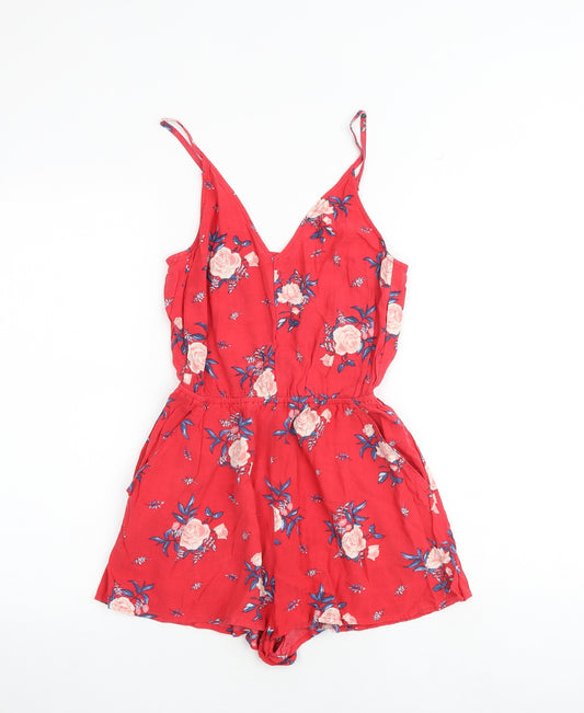 H&M Womens Red Floral Viscose Playsuit One-Piece Size 6 Pullover