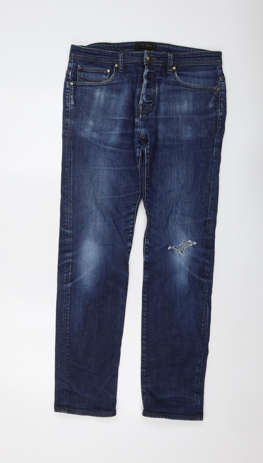 Ted Baker Mens Blue Cotton Straight Jeans Size 32 in L30 in Regular Button