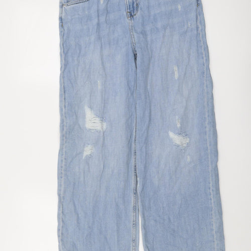 Marks and Spencer Girls Blue Cotton Wide-Leg Jeans Size 13-14 Years Regular Button - Distressed