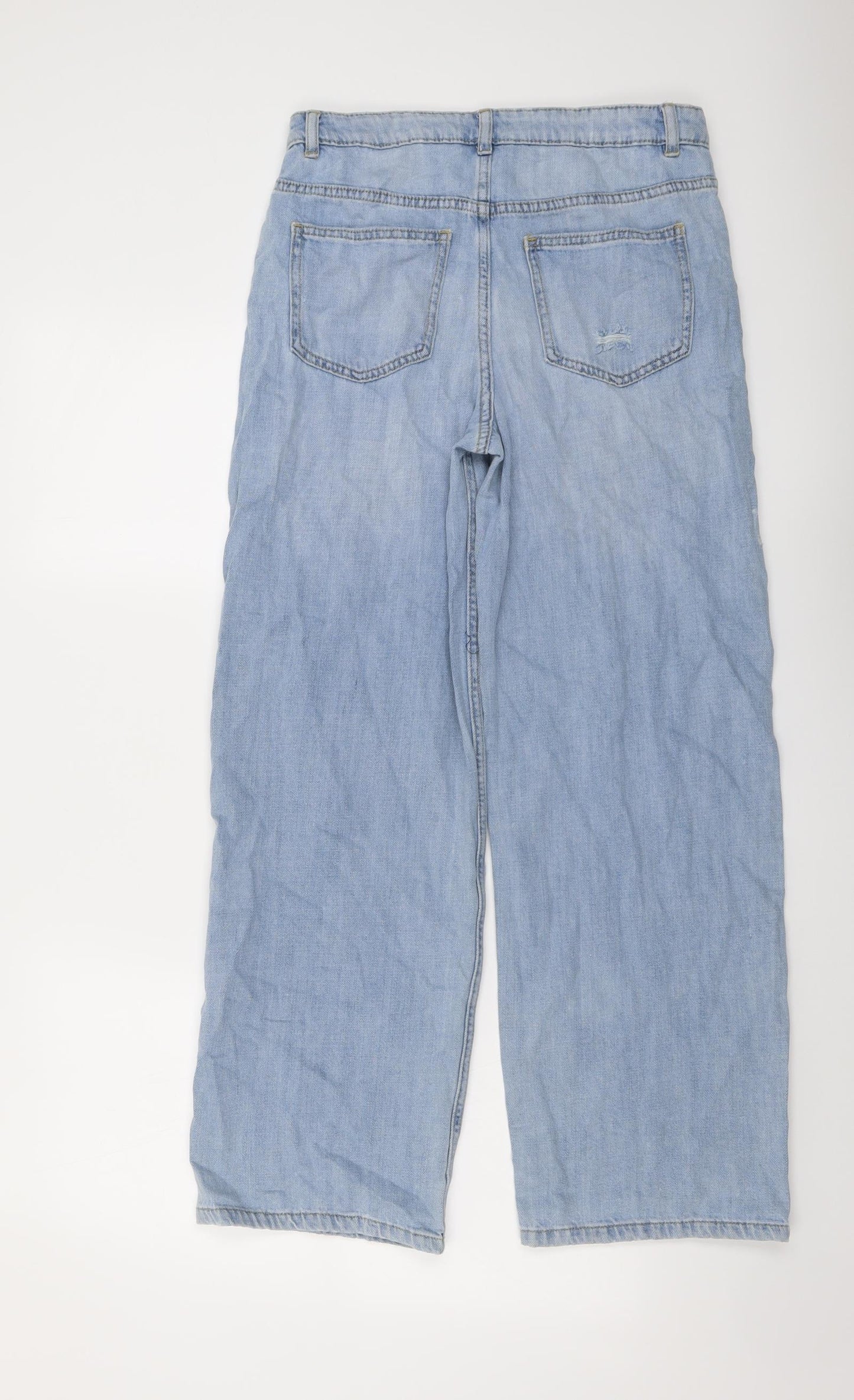 Marks and Spencer Girls Blue Cotton Wide-Leg Jeans Size 13-14 Years Regular Button - Distressed