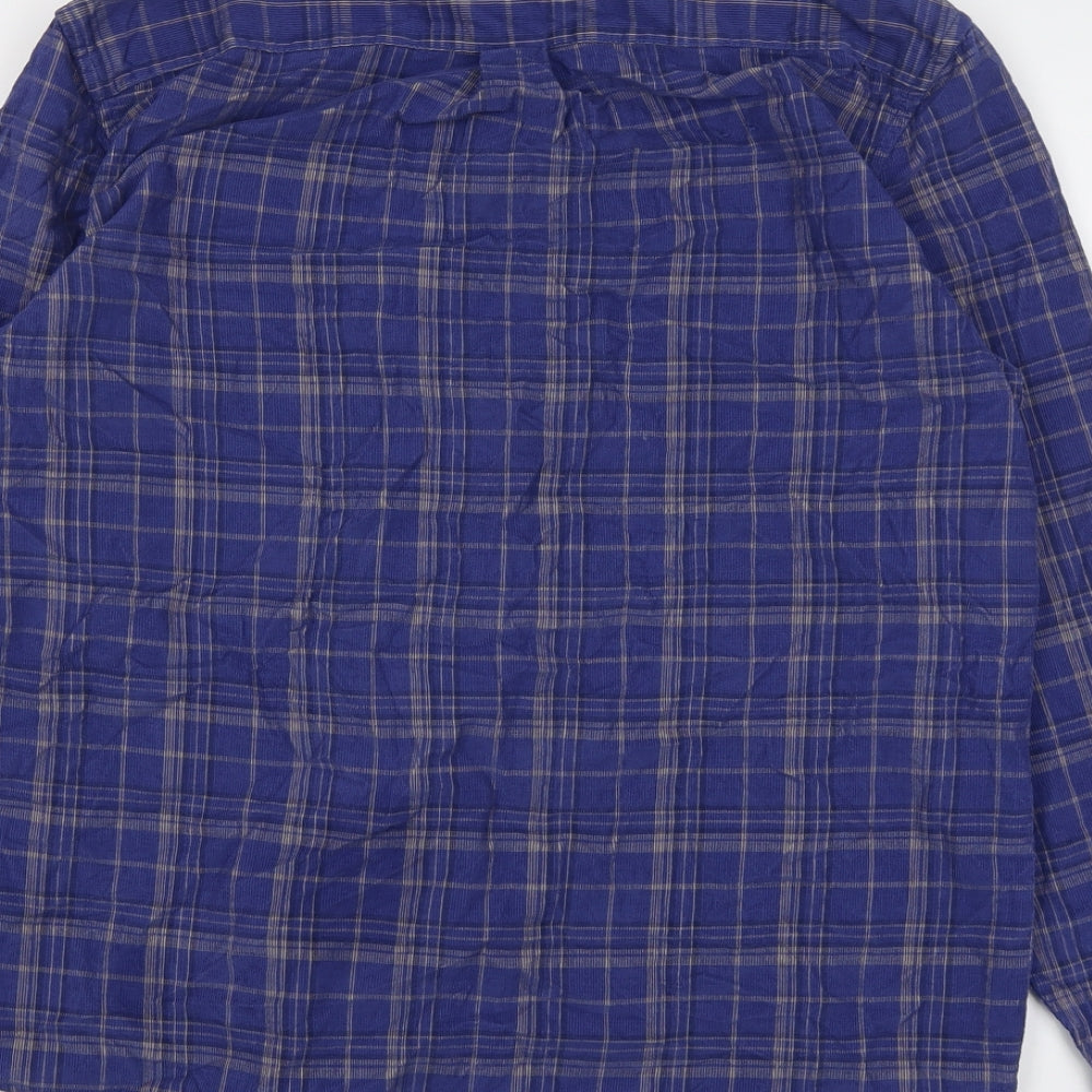 Marks and Spencer Mens Blue Plaid Cotton Button-Up Size L Collared Button