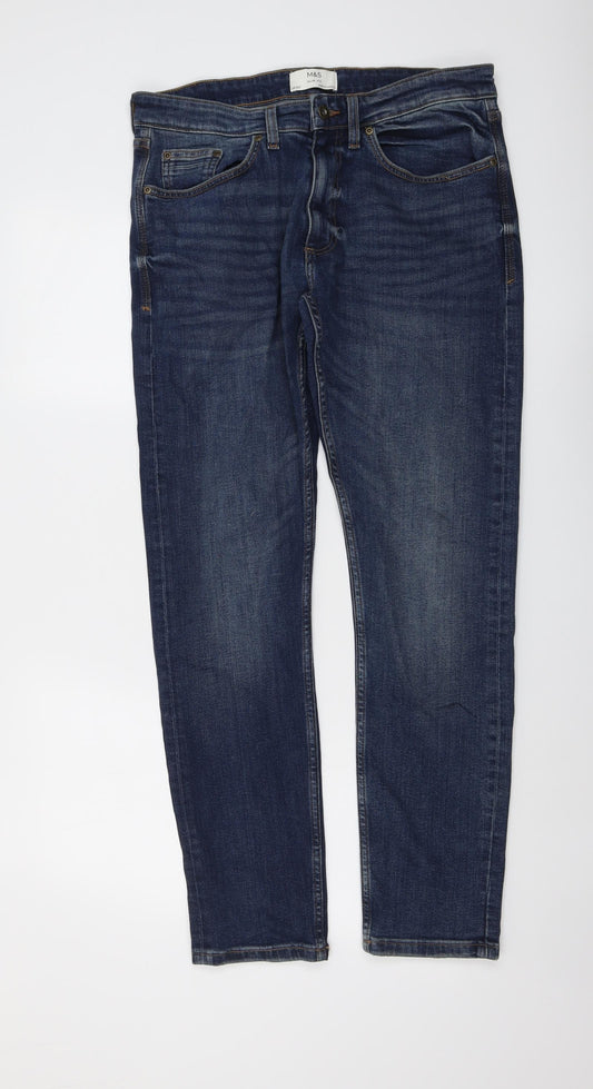 Marks and Spencer Mens Blue Cotton Straight Jeans Size 32 in L31 in Slim Button