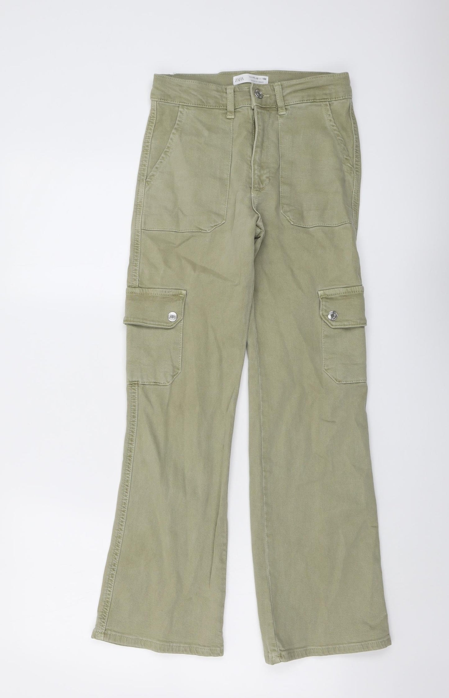 Zara Girls Green Cotton Bootcut Jeans Size 11-12 Years Regular Button - Cargo