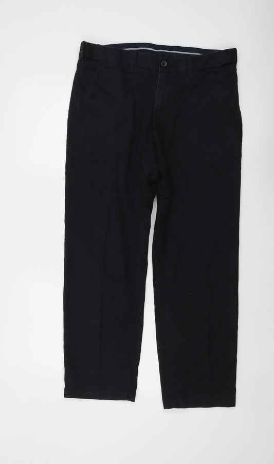 Marks and Spencer Mens Black Cotton Chino Trousers Size 34 in L29 in Regular Button