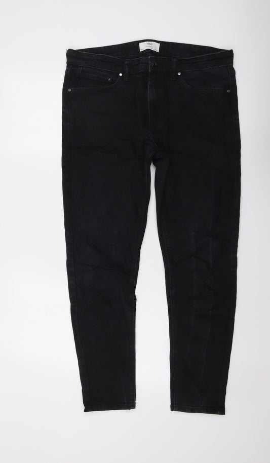 Marks and Spencer Mens Black Cotton Skinny Jeans Size 34 in L31 in Regular Button