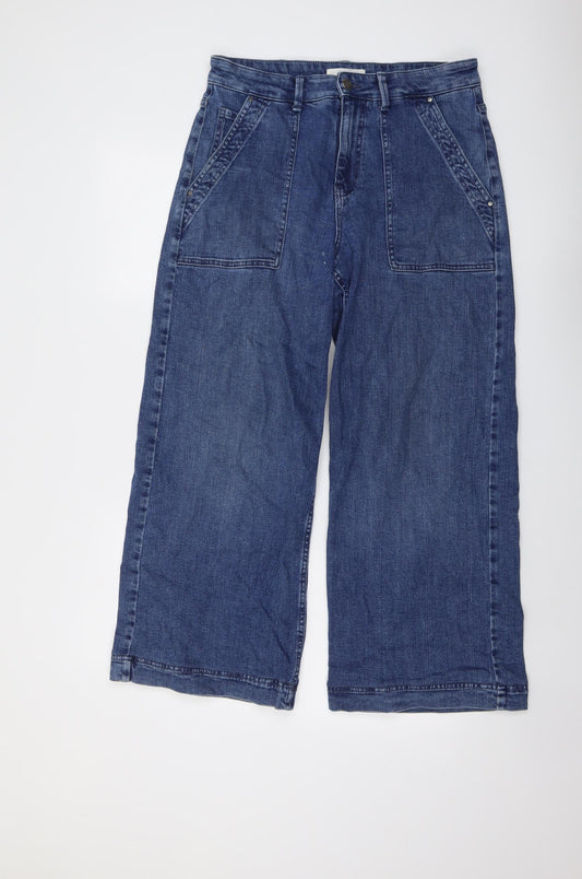 Per Una Womens Blue Cotton Wide-Leg Jeans Size 12 L26 in Regular Button