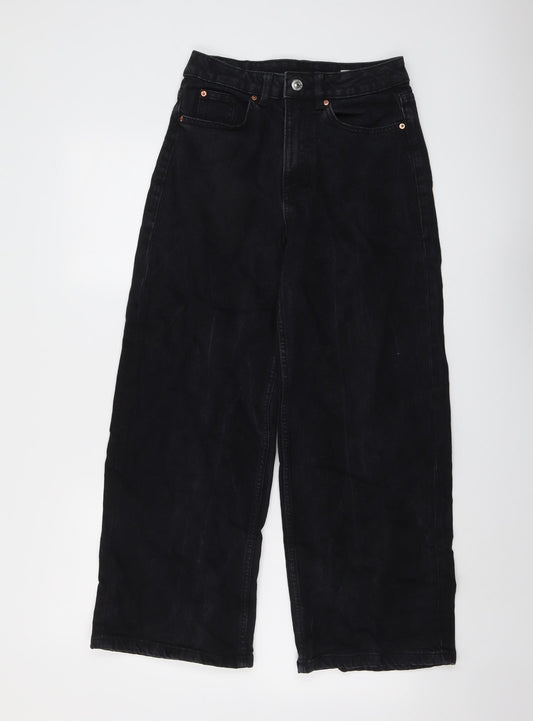 Marks and Spencer Womens Black Cotton Wide-Leg Jeans Size 8 L26 in Regular Button
