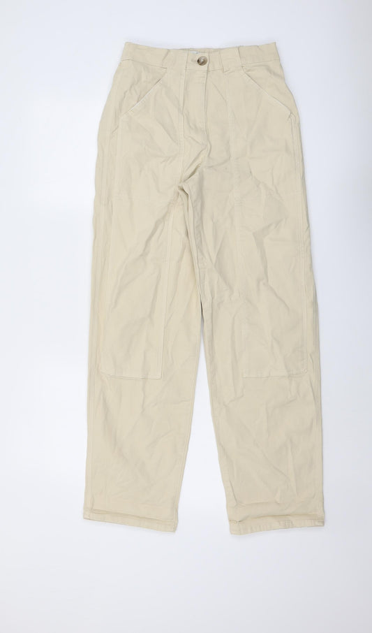 Marks and Spencer Womens Beige Cotton Trousers Size 8 L29 in Regular Button