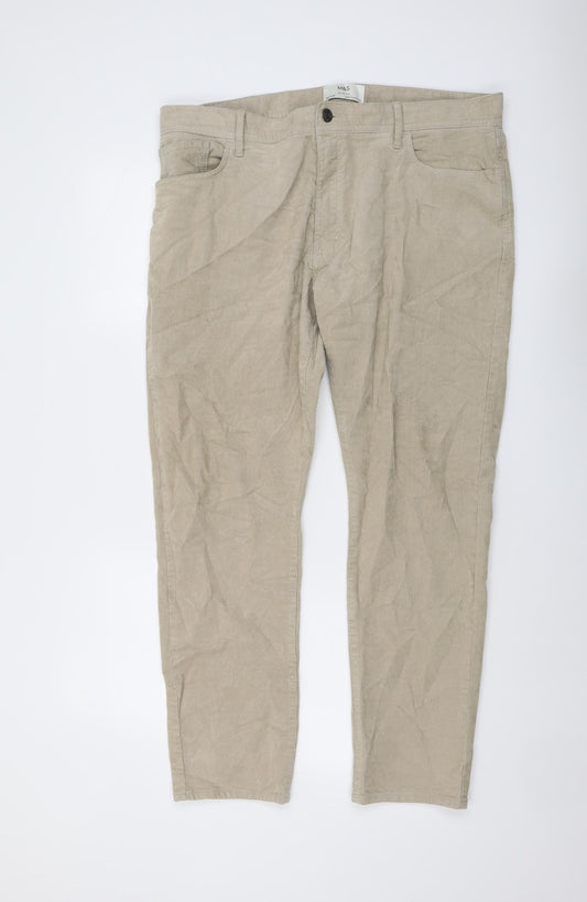 Marks and Spencer Mens Beige Cotton Trousers Size 38 in L29 in Slim Button