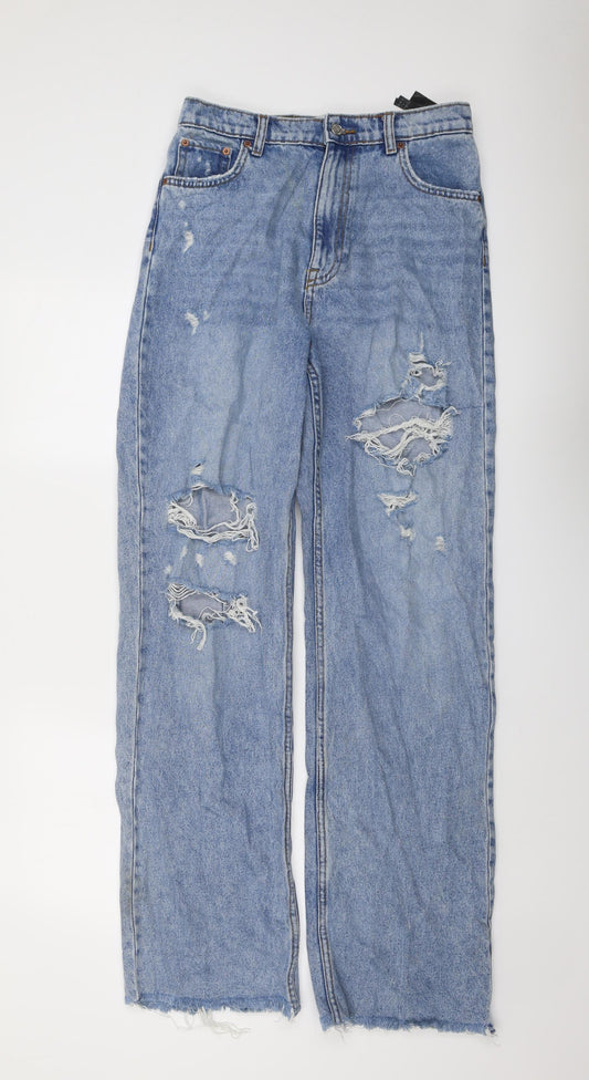 Zara Womens Blue Cotton Straight Jeans Size 12 L33 in Regular Button