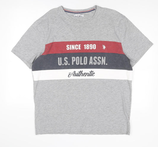US Polo Assn. Mens Grey Colourblock Polyester T-Shirt Size 2XL Round Neck