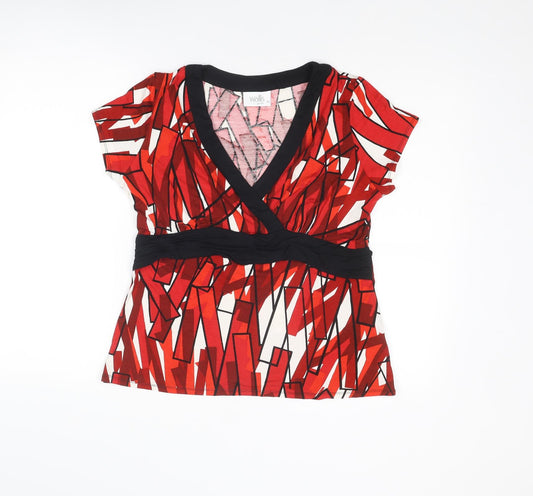 Wallis Womens Red Geometric Viscose Basic T-Shirt Size 16 V-Neck