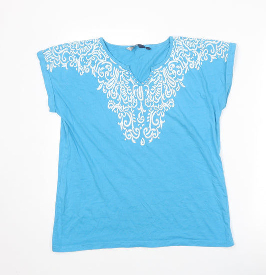 EWM Womens Blue Geometric Cotton Basic T-Shirt Size 14 V-Neck