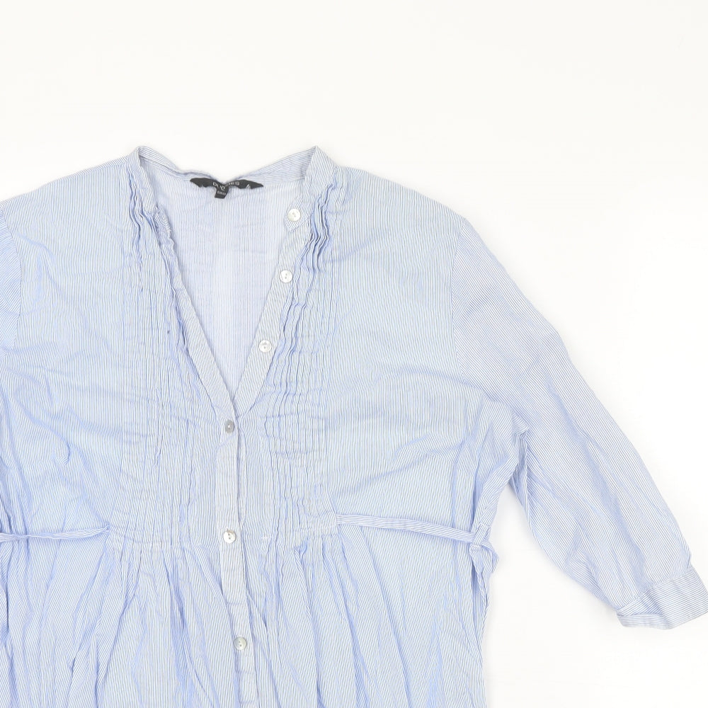 Dunnes Stores Womens Blue Striped Cotton Basic Button-Up Size 12 V-Neck