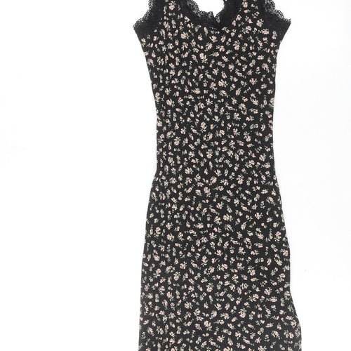 H&M Womens Black Floral Cotton Bodycon Size XS Scoop Neck Pullover