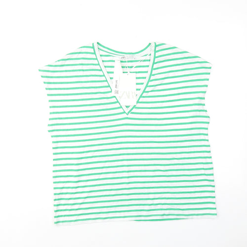 Zara Womens Green Striped Cotton Basic Blouse Size M V-Neck