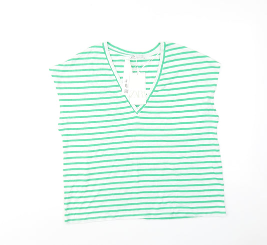 Zara Womens Green Striped Cotton Basic Blouse Size M V-Neck