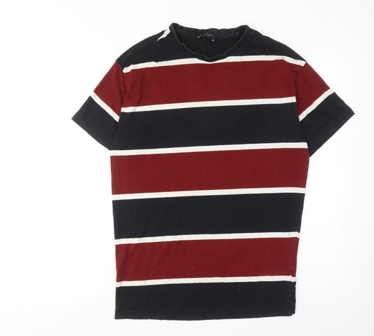 New Look Mens Red Striped Cotton T-Shirt Size M Round Neck