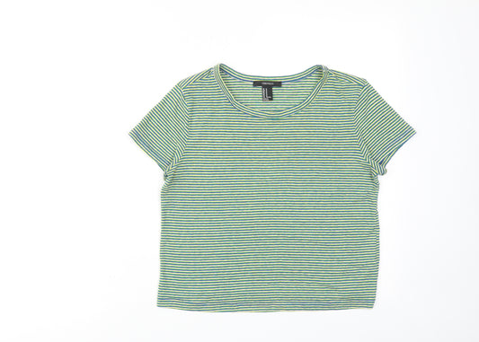 FOREVER 21 Womens Green Striped Polyester Basic T-Shirt Size M Round Neck