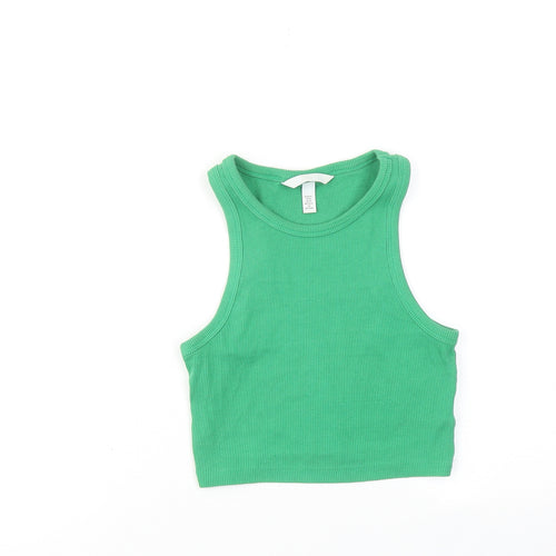 H&M Womens Green Cotton Cropped Tank Size XS Round Neck - Ribbed