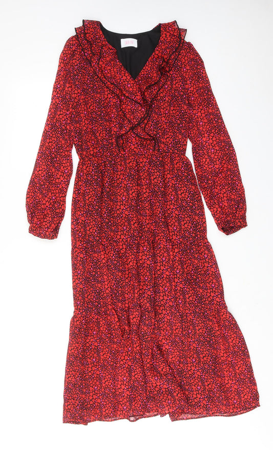 Savida Womens Red Geometric Polyester Maxi Size XS V-Neck Pullover - Heart pattern