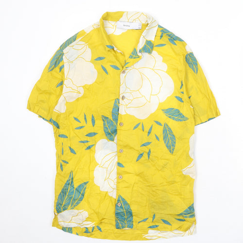 Bershka Mens Yellow Floral Cotton Button-Up Size XS Collared Button