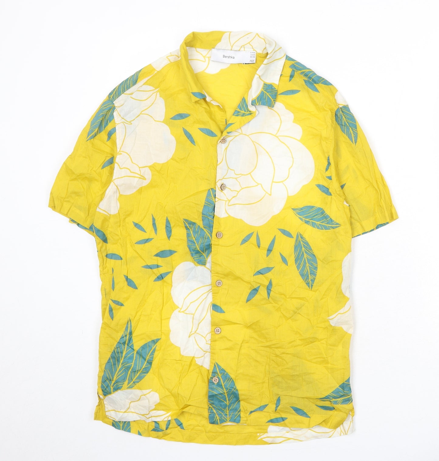 Bershka Mens Yellow Floral Cotton Button-Up Size XS Collared Button