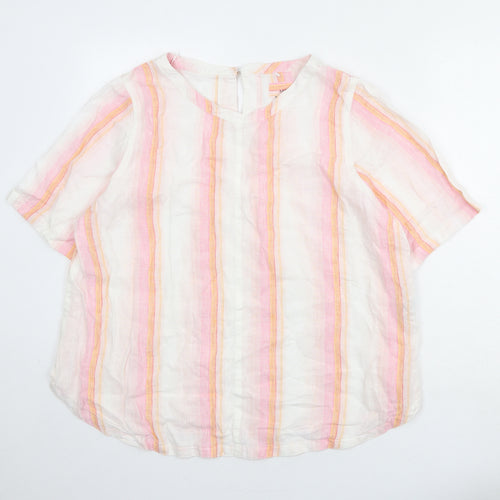Marks and Spencer Womens Multicoloured Striped Linen Basic Blouse Size 18 Round Neck