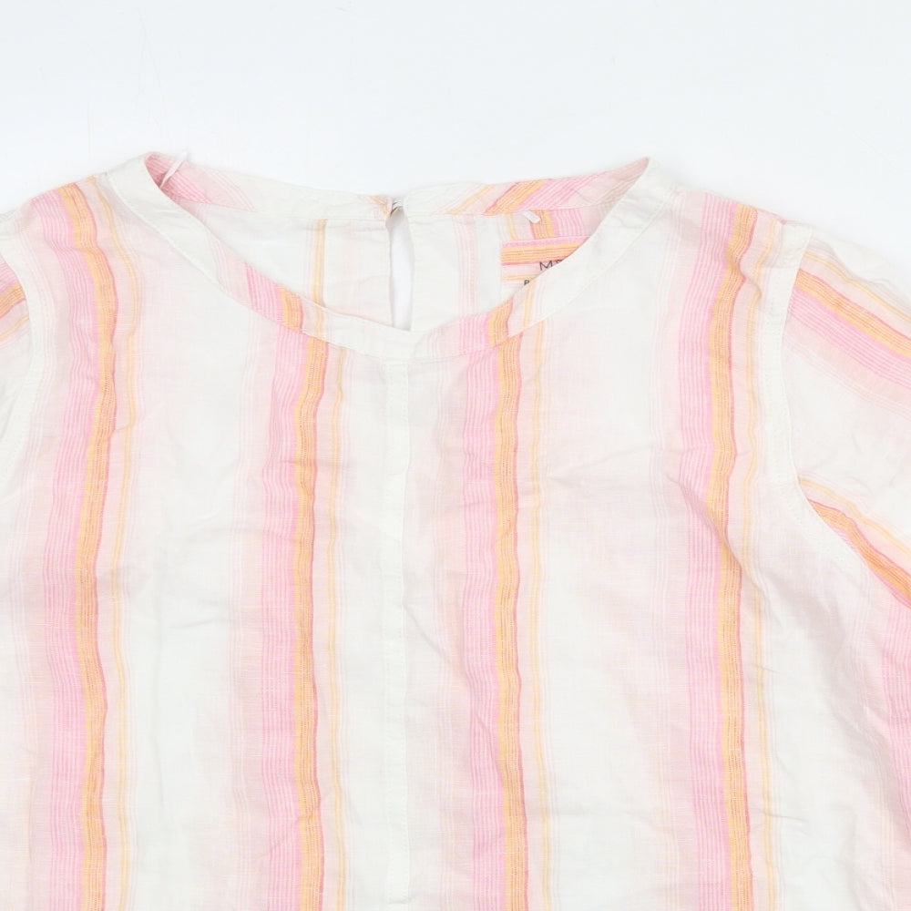 Marks and Spencer Womens Multicoloured Striped Linen Basic Blouse Size 18 Round Neck