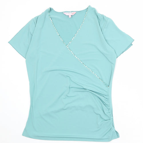Michelle Hope Womens Blue Polyester Basic T-Shirt Size 10 V-Neck - Size 10-12 Wrap Style