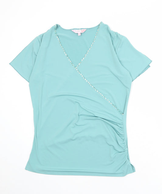 Michelle Hope Womens Blue Polyester Basic T-Shirt Size 10 V-Neck - Size 10-12 Wrap Style