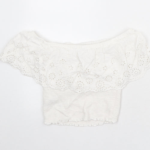 New Look Girls White Viscose Cropped Blouse Size 15 Years Off the Shoulder Pullover - Broderie Anglaise