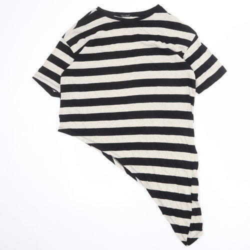 Zara Womens Black Striped Polyester Basic T-Shirt Size M Boat Neck - Asymmetric