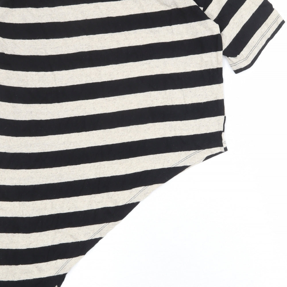Zara Womens Black Striped Polyester Basic T-Shirt Size M Boat Neck - Asymmetric