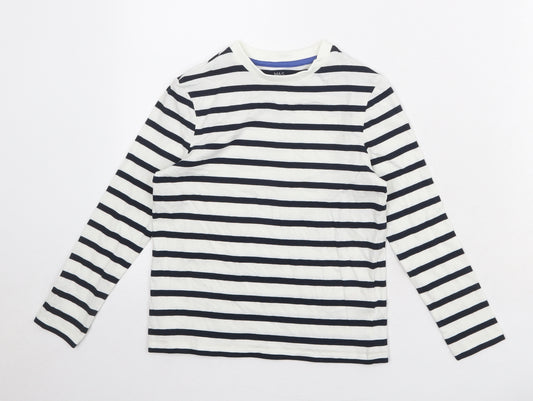 Marks and Spencer Boys White Striped Cotton Basic T-Shirt Size 6-7 Years Round Neck Pullover