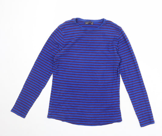 Marks and Spencer Womens Blue Striped 100% Cotton Basic T-Shirt Size 10 Crew Neck
