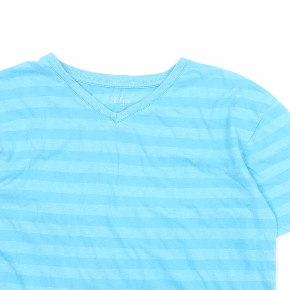 Lee Cooper Boys Blue Striped Cotton Basic T-Shirt Size 13 Years V-Neck Pullover