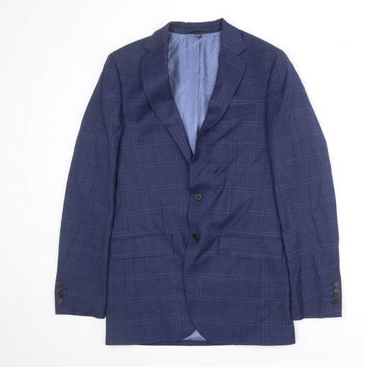 Marks and Spencer Mens Blue Plaid Polyester Jacket Suit Jacket Size 48 Regular