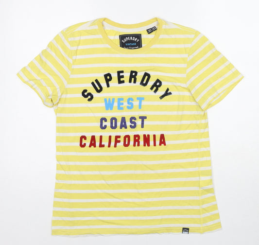 Superdry Womens Yellow Striped Polyester Basic T-Shirt Size 12 Crew Neck