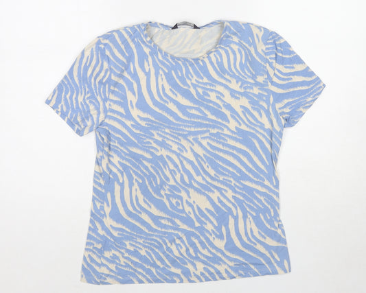 Marks and Spencer Womens Blue Animal Print Cotton Basic T-Shirt Size 12 Round Neck