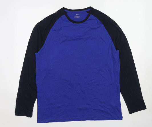 Marks and Spencer Mens Blue Colourblock Cotton T-Shirt Size L Round Neck