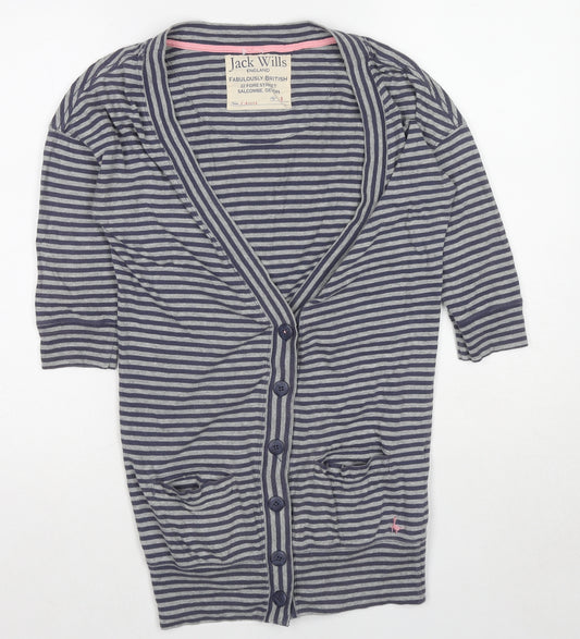Jack Wills Womens Grey V-Neck Striped Cotton Cardigan Jumper Size 8